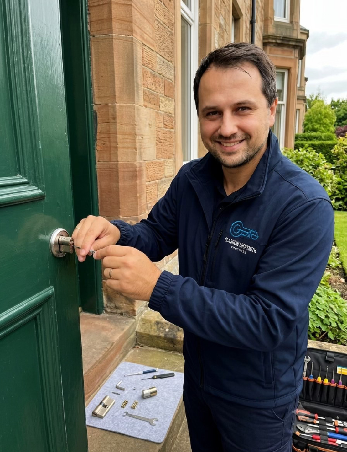 Glasgow Locksmith Brothers technician working on a green front door